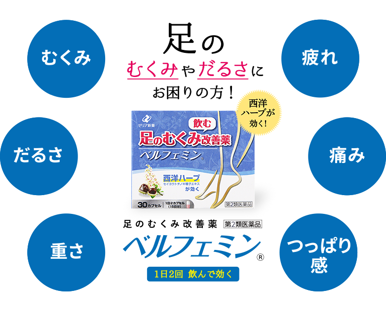 足のむくみやだるさにお困りの方！足のむくみ改善薬 ベルフェミン 第2類医薬品 1日2回飲むだけ｜ゼリア新薬